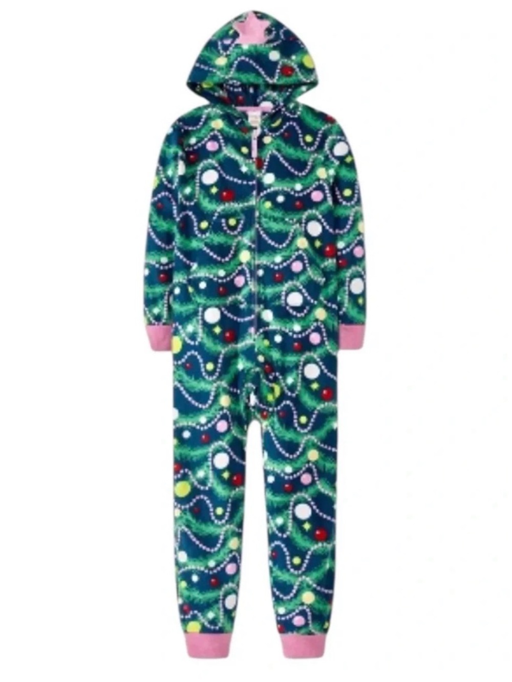 NWT Cat & Jack Christmas Tree Fleece Zip Up Onesie Hooded Pajamas - S (6/7)